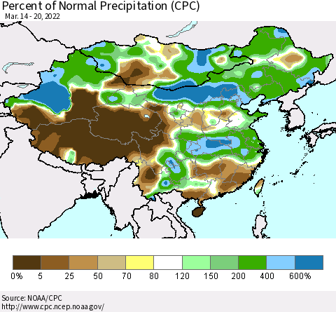 China, Mongolia and Taiwan Percent of Normal Precipitation (CPC) Thematic Map For 3/14/2022 - 3/20/2022