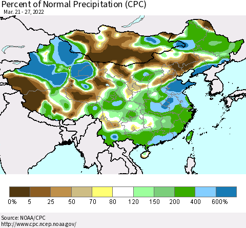 China, Mongolia and Taiwan Percent of Normal Precipitation (CPC) Thematic Map For 3/21/2022 - 3/27/2022