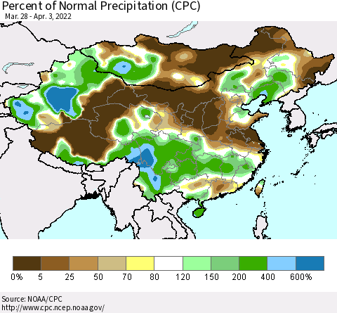 China, Mongolia and Taiwan Percent of Normal Precipitation (CPC) Thematic Map For 3/28/2022 - 4/3/2022