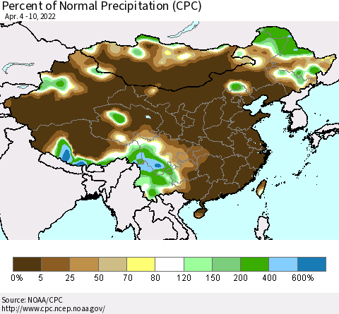 China, Mongolia and Taiwan Percent of Normal Precipitation (CPC) Thematic Map For 4/4/2022 - 4/10/2022