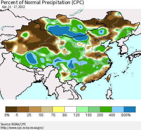China and Taiwan Percent of Normal Precipitation (CPC) Thematic Map For 4/11/2022 - 4/17/2022
