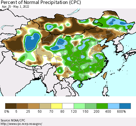China and Taiwan Percent of Normal Precipitation (CPC) Thematic Map For 4/25/2022 - 5/1/2022