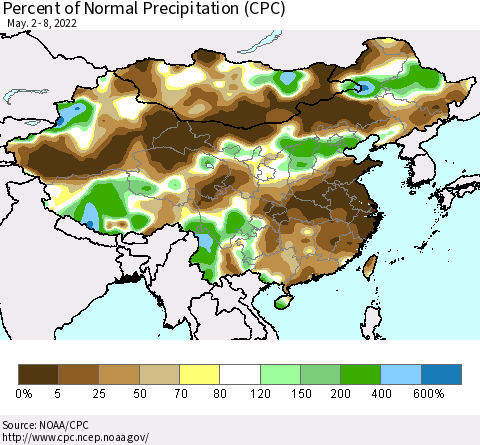 China and Taiwan Percent of Normal Precipitation (CPC) Thematic Map For 5/2/2022 - 5/8/2022