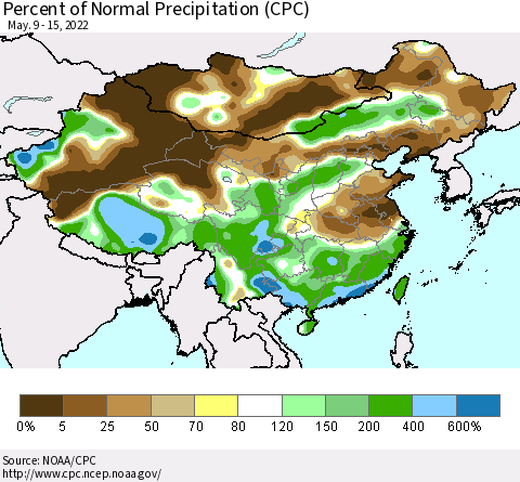 China and Taiwan Percent of Normal Precipitation (CPC) Thematic Map For 5/9/2022 - 5/15/2022