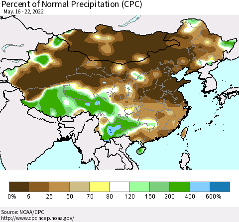 China and Taiwan Percent of Normal Precipitation (CPC) Thematic Map For 5/16/2022 - 5/22/2022