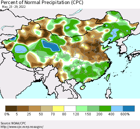 China, Mongolia and Taiwan Percent of Normal Precipitation (CPC) Thematic Map For 5/23/2022 - 5/29/2022