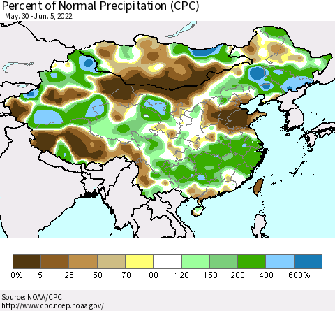 China and Taiwan Percent of Normal Precipitation (CPC) Thematic Map For 5/30/2022 - 6/5/2022