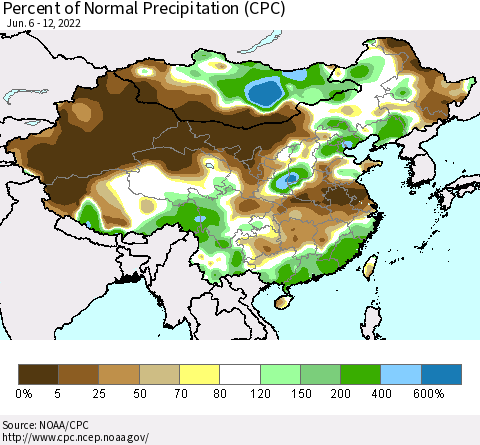 China and Taiwan Percent of Normal Precipitation (CPC) Thematic Map For 6/6/2022 - 6/12/2022