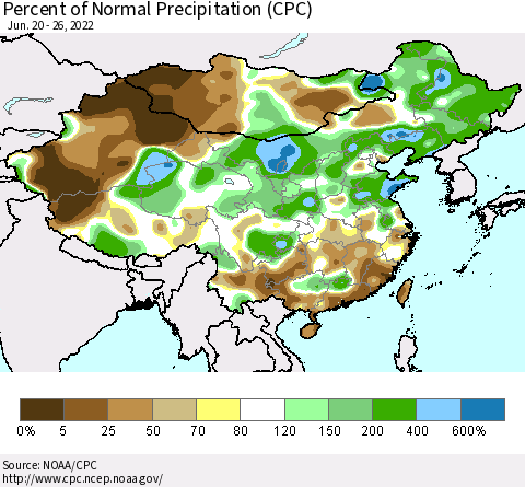 China and Taiwan Percent of Normal Precipitation (CPC) Thematic Map For 6/20/2022 - 6/26/2022