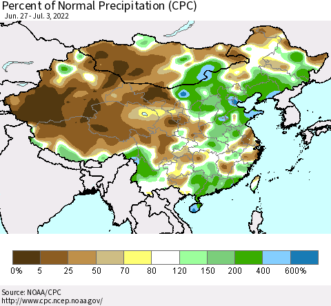 China and Taiwan Percent of Normal Precipitation (CPC) Thematic Map For 6/27/2022 - 7/3/2022