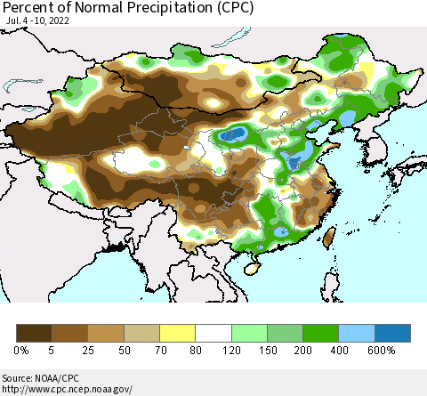 China, Mongolia and Taiwan Percent of Normal Precipitation (CPC) Thematic Map For 7/4/2022 - 7/10/2022