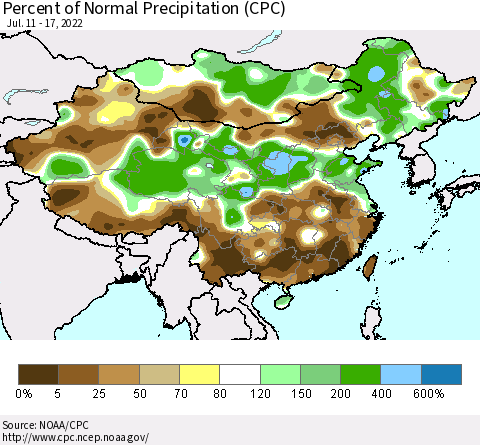 China, Mongolia and Taiwan Percent of Normal Precipitation (CPC) Thematic Map For 7/11/2022 - 7/17/2022