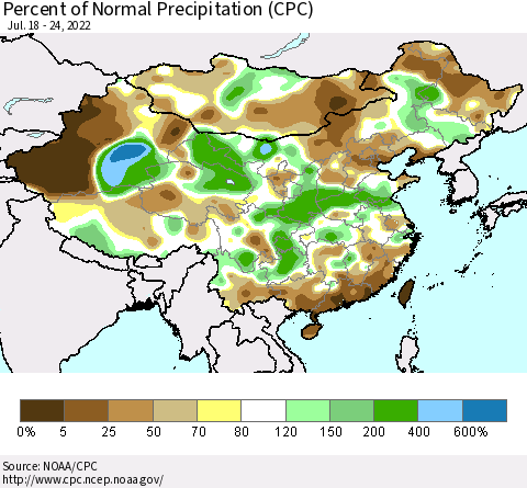 China, Mongolia and Taiwan Percent of Normal Precipitation (CPC) Thematic Map For 7/18/2022 - 7/24/2022