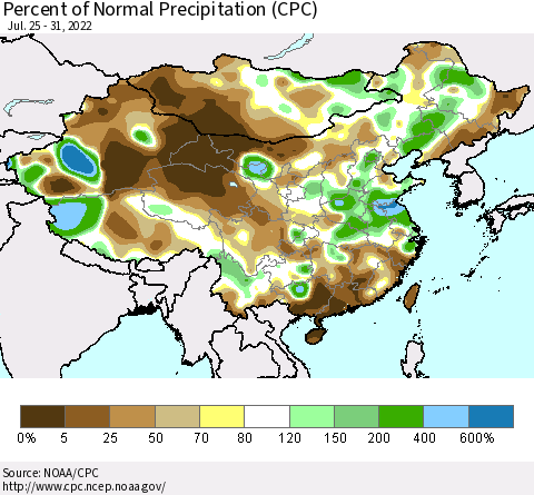 China, Mongolia and Taiwan Percent of Normal Precipitation (CPC) Thematic Map For 7/25/2022 - 7/31/2022