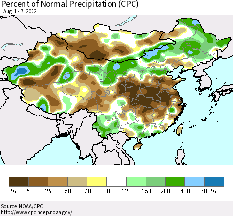 China, Mongolia and Taiwan Percent of Normal Precipitation (CPC) Thematic Map For 8/1/2022 - 8/7/2022