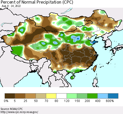 China, Mongolia and Taiwan Percent of Normal Precipitation (CPC) Thematic Map For 8/8/2022 - 8/14/2022