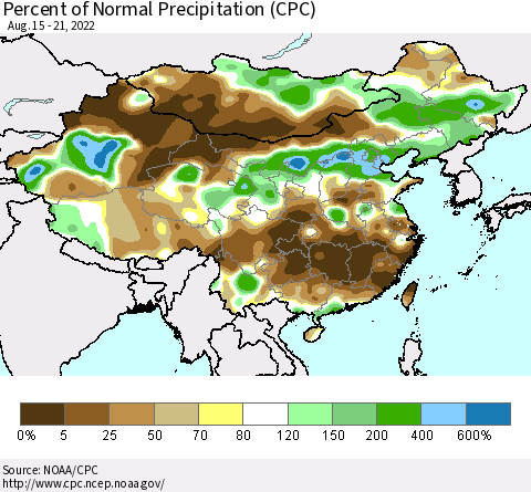 China, Mongolia and Taiwan Percent of Normal Precipitation (CPC) Thematic Map For 8/15/2022 - 8/21/2022