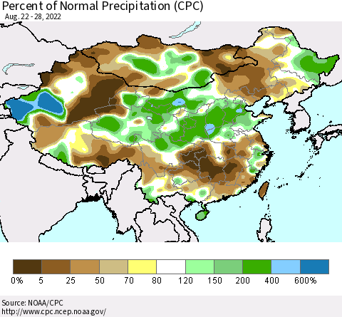 China, Mongolia and Taiwan Percent of Normal Precipitation (CPC) Thematic Map For 8/22/2022 - 8/28/2022