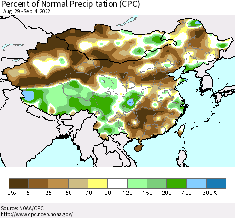 China, Mongolia and Taiwan Percent of Normal Precipitation (CPC) Thematic Map For 8/29/2022 - 9/4/2022