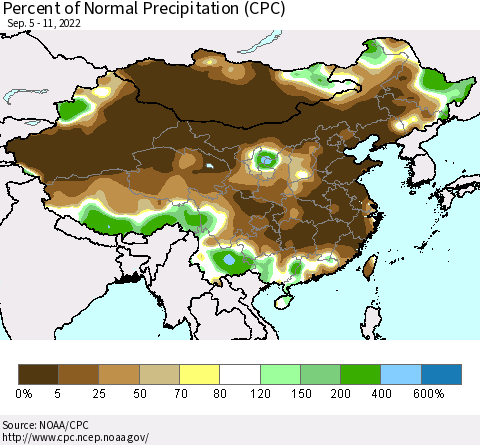 China, Mongolia and Taiwan Percent of Normal Precipitation (CPC) Thematic Map For 9/5/2022 - 9/11/2022
