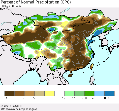 China, Mongolia and Taiwan Percent of Normal Precipitation (CPC) Thematic Map For 9/12/2022 - 9/18/2022