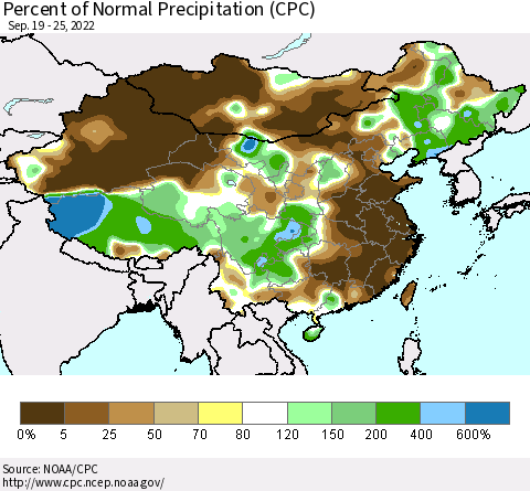 China, Mongolia and Taiwan Percent of Normal Precipitation (CPC) Thematic Map For 9/19/2022 - 9/25/2022