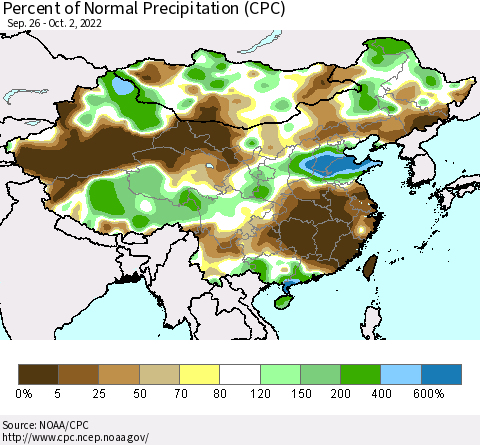 China, Mongolia and Taiwan Percent of Normal Precipitation (CPC) Thematic Map For 9/26/2022 - 10/2/2022