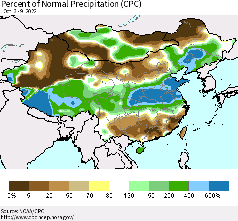 China, Mongolia and Taiwan Percent of Normal Precipitation (CPC) Thematic Map For 10/3/2022 - 10/9/2022