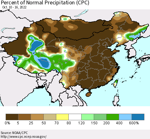 China, Mongolia and Taiwan Percent of Normal Precipitation (CPC) Thematic Map For 10/10/2022 - 10/16/2022