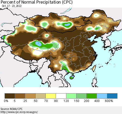 China, Mongolia and Taiwan Percent of Normal Precipitation (CPC) Thematic Map For 10/17/2022 - 10/23/2022