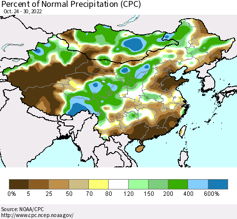 China, Mongolia and Taiwan Percent of Normal Precipitation (CPC) Thematic Map For 10/24/2022 - 10/30/2022