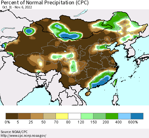 China, Mongolia and Taiwan Percent of Normal Precipitation (CPC) Thematic Map For 10/31/2022 - 11/6/2022