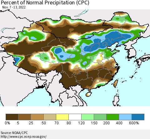 China, Mongolia and Taiwan Percent of Normal Precipitation (CPC) Thematic Map For 11/7/2022 - 11/13/2022