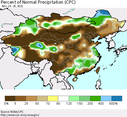 China, Mongolia and Taiwan Percent of Normal Precipitation (CPC) Thematic Map For 11/14/2022 - 11/20/2022