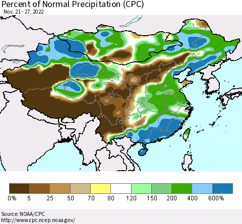 China, Mongolia and Taiwan Percent of Normal Precipitation (CPC) Thematic Map For 11/21/2022 - 11/27/2022