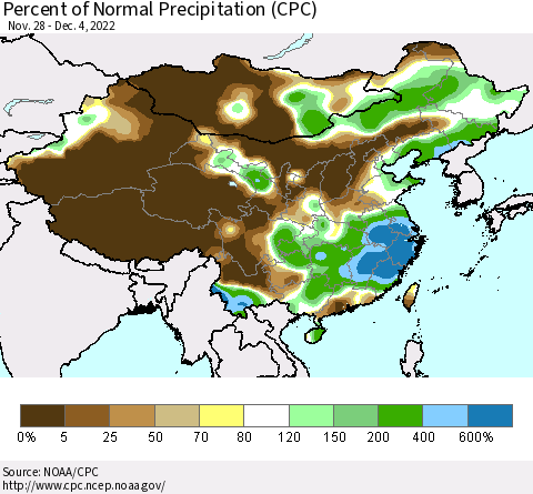China, Mongolia and Taiwan Percent of Normal Precipitation (CPC) Thematic Map For 11/28/2022 - 12/4/2022