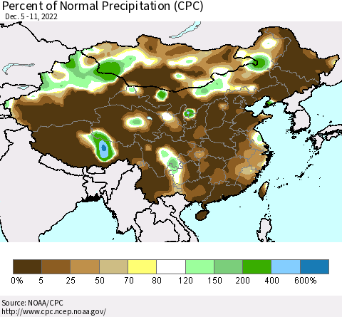 China, Mongolia and Taiwan Percent of Normal Precipitation (CPC) Thematic Map For 12/5/2022 - 12/11/2022