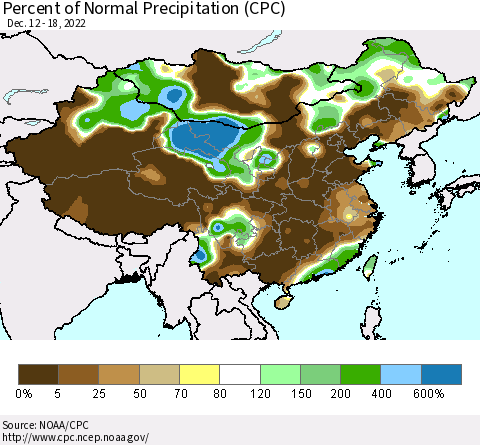 China, Mongolia and Taiwan Percent of Normal Precipitation (CPC) Thematic Map For 12/12/2022 - 12/18/2022