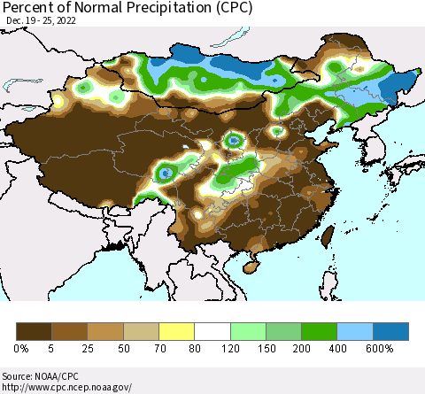 China, Mongolia and Taiwan Percent of Normal Precipitation (CPC) Thematic Map For 12/19/2022 - 12/25/2022
