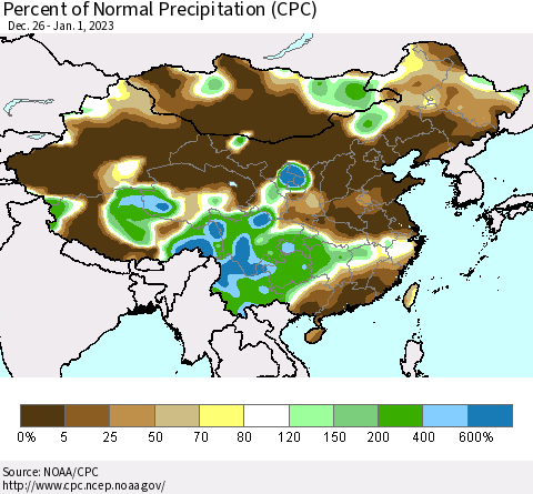 China, Mongolia and Taiwan Percent of Normal Precipitation (CPC) Thematic Map For 12/26/2022 - 1/1/2023