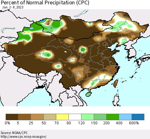 China, Mongolia and Taiwan Percent of Normal Precipitation (CPC) Thematic Map For 1/2/2023 - 1/8/2023