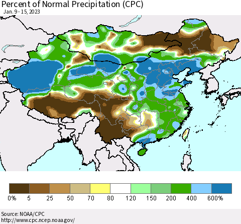 China, Mongolia and Taiwan Percent of Normal Precipitation (CPC) Thematic Map For 1/9/2023 - 1/15/2023