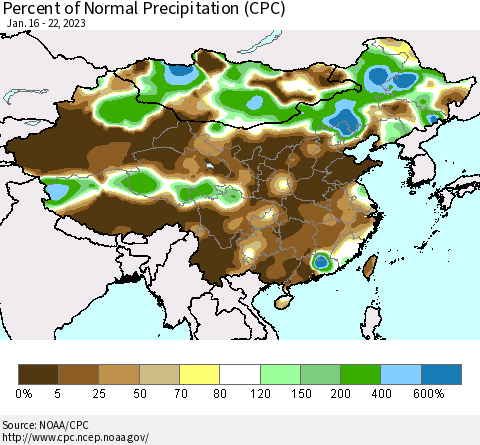 China, Mongolia and Taiwan Percent of Normal Precipitation (CPC) Thematic Map For 1/16/2023 - 1/22/2023