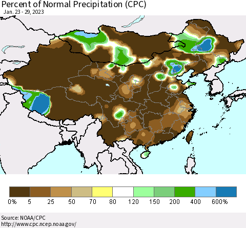 China, Mongolia and Taiwan Percent of Normal Precipitation (CPC) Thematic Map For 1/23/2023 - 1/29/2023