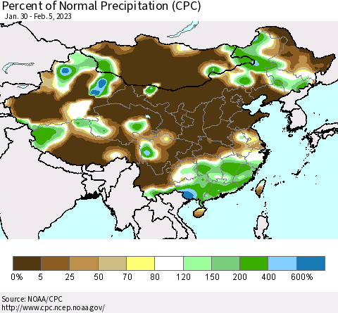 China, Mongolia and Taiwan Percent of Normal Precipitation (CPC) Thematic Map For 1/30/2023 - 2/5/2023