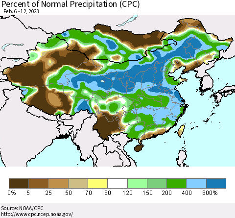 China, Mongolia and Taiwan Percent of Normal Precipitation (CPC) Thematic Map For 2/6/2023 - 2/12/2023