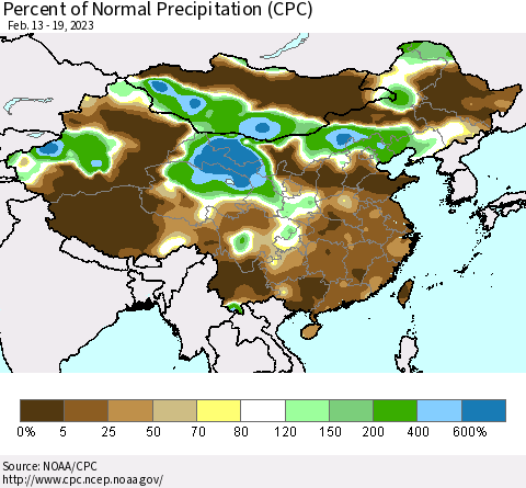China, Mongolia and Taiwan Percent of Normal Precipitation (CPC) Thematic Map For 2/13/2023 - 2/19/2023