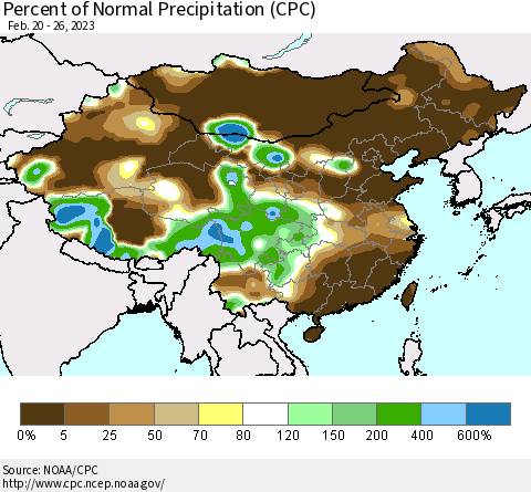 China, Mongolia and Taiwan Percent of Normal Precipitation (CPC) Thematic Map For 2/20/2023 - 2/26/2023