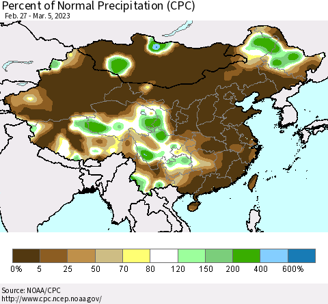 China, Mongolia and Taiwan Percent of Normal Precipitation (CPC) Thematic Map For 2/27/2023 - 3/5/2023