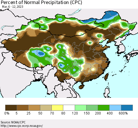 China, Mongolia and Taiwan Percent of Normal Precipitation (CPC) Thematic Map For 3/6/2023 - 3/12/2023
